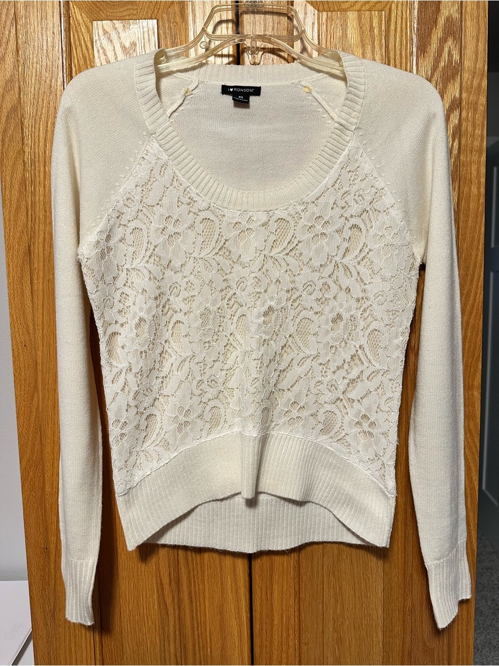 I Heart Ronson Ivory Lace-Front Crewneck Sweater XS